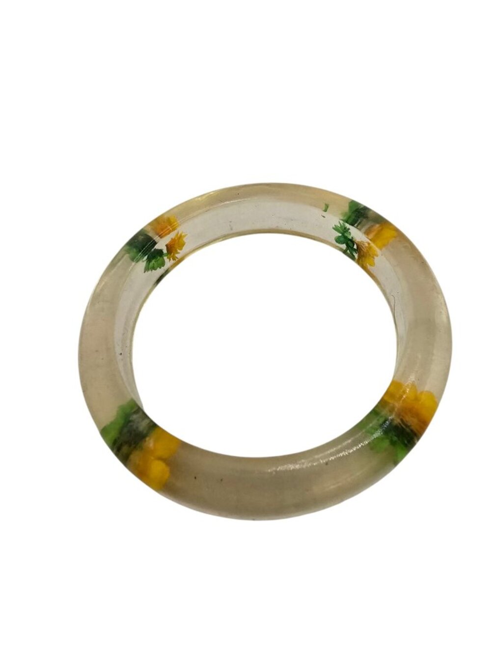 Vintage 60s Green/Orange Yellow Dried Flowers Lucite/Acrylic Bangle Bracelet (A9